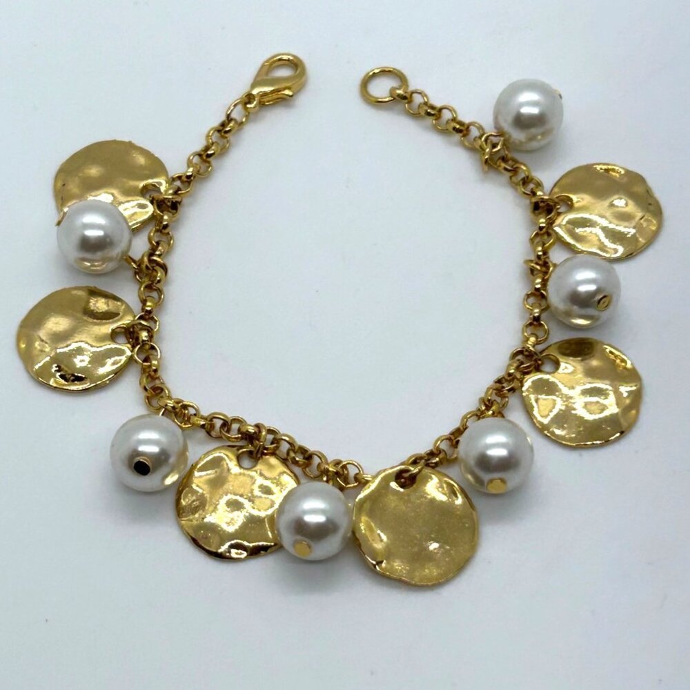 Goldtone Faux Pearl Hammer Disc Charm Bracelet Bridal Elegant Jewelry - Picture 2 of 10